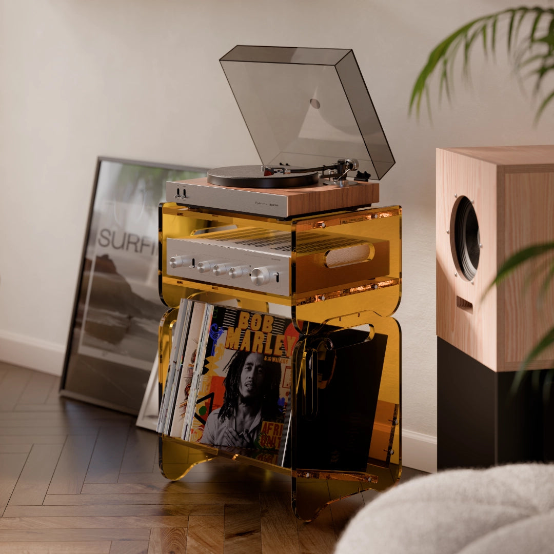 PRISMA 140 Acrylic Vinyl Record Shelf + Hi-Fi Amplifier Shelf (EMBER)