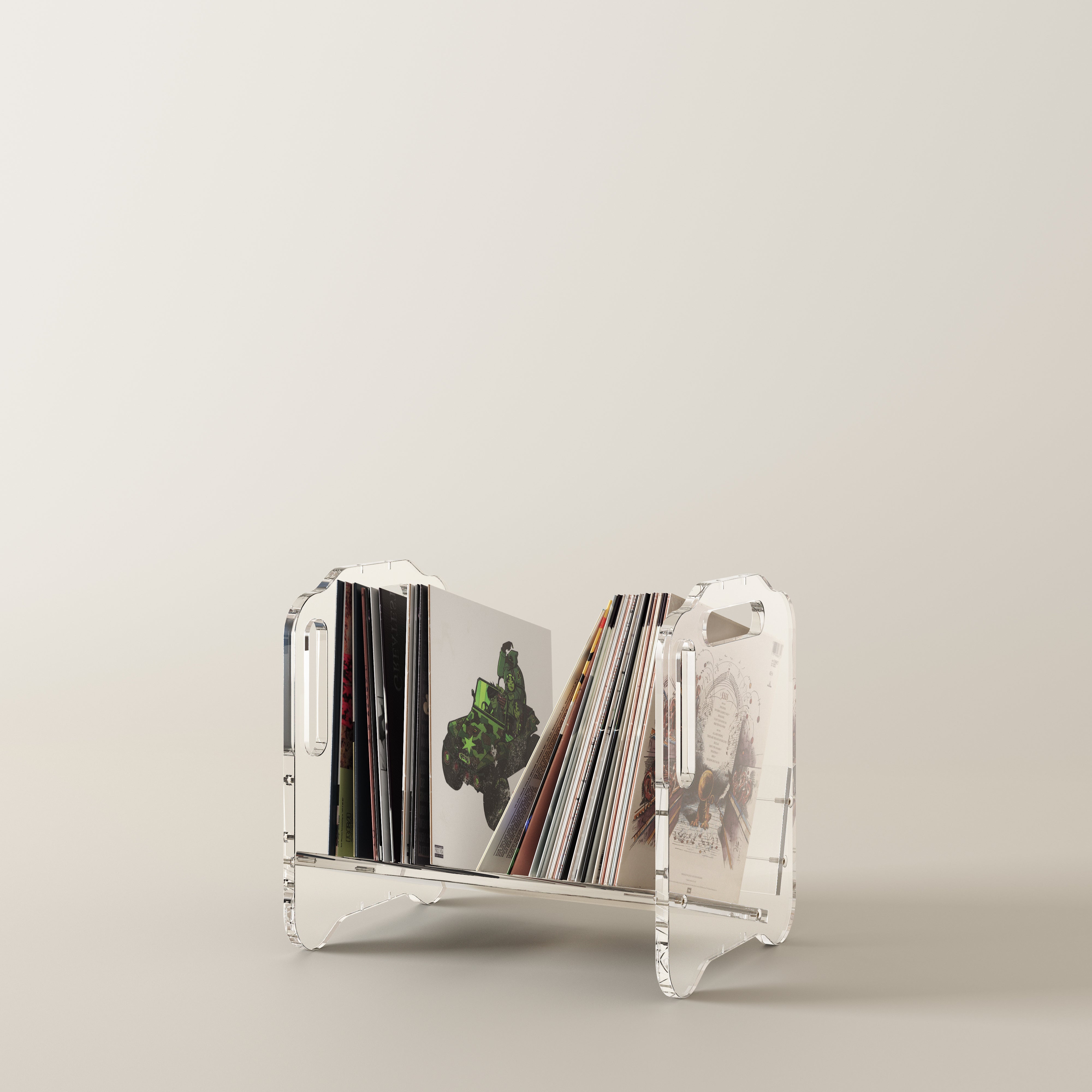 Clear acrylic record holder with vinyl records on a light gray background