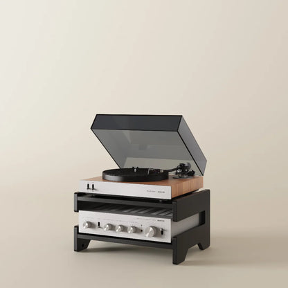 Shelf for record player with record player and amplifier