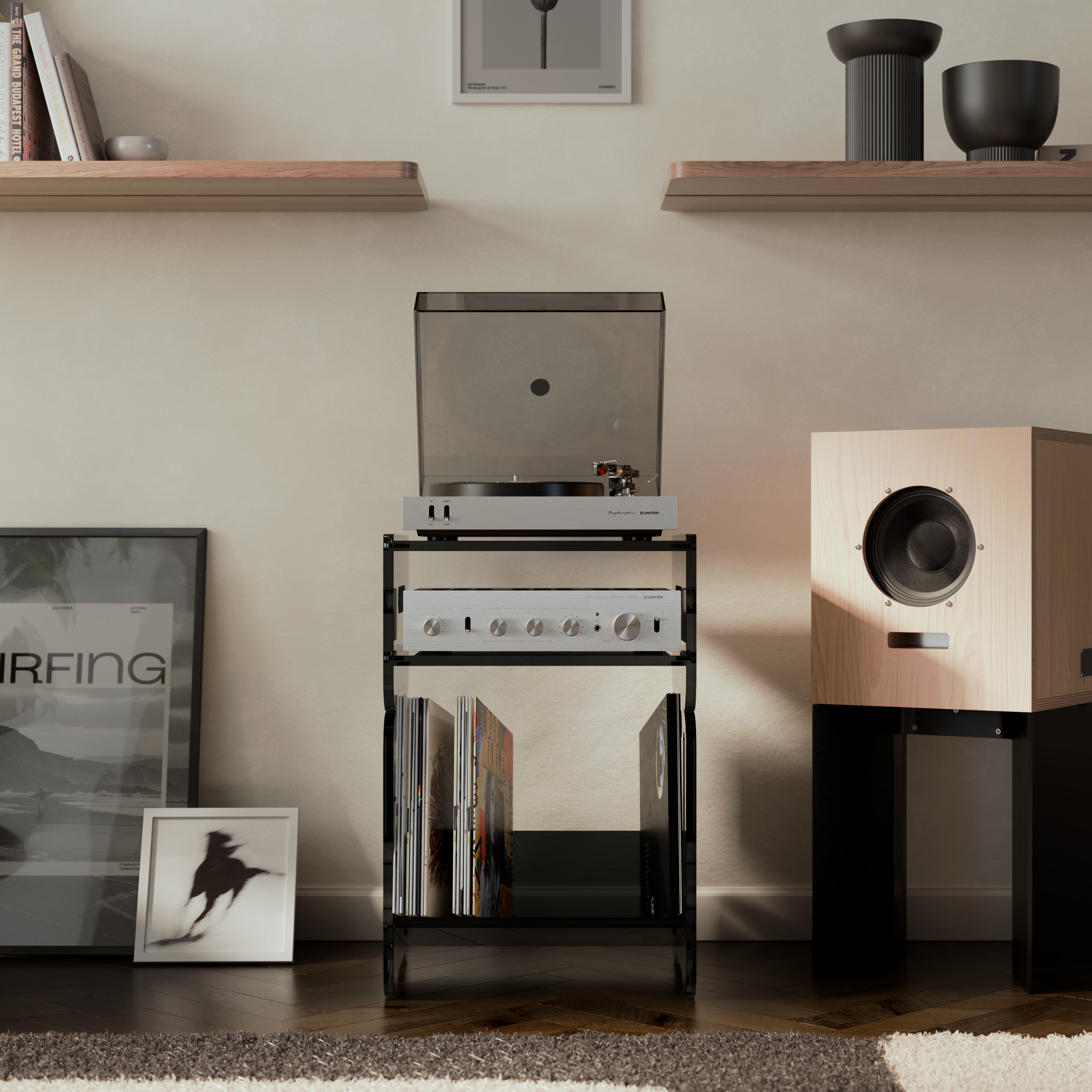 PRISMA 140 Acrylic Vinyl Record Shelf + Hi-Fi Amplifier Shelf (GRAPHITE)